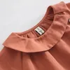 Vestidos de niña Vintage de algodón y lino, vestido de manga larga para niñas, Otoño, Color sólido, informal, suelto, cuello vuelto, botón de princesa