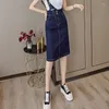 Saias mulheres denim suspender vestido primavera verão outono moda casual vintage doce magro rasgado jean joelho comprimento lápis saia macacão