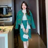 Work Dresses Women Elegant Tweed Plaid Suit Jacke Coat Top And Wrap Skirt Two Piece Set Green Outfit Winter Jacquard Formal Party Cloth