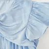 Robes d'été pour filles, robe rayée bleue, avec nœud sur la poitrine, petites manches volantes, col rond, balançoire décontractée, 3x Denim Large