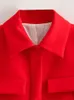 Tvådelt klänning Lapel Pocket Red Jacket Women 2023 Autumn Winter Long Sleeve Single Breasted Casual Short Coat Elegant Office Lady Tops 231031
