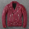 Мужская кожаная куртка из искусственной овчины, красная мотоциклетная куртка в корейском стиле, приталенная байкерская натуральная одежда, пальто на косой молнии, мужское 231031