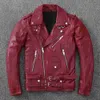 Herren Leder Faux Schaffell Rot Motorrad Jacke Koreanischen Stil Slim Fit Biker Reiter Echte Kleidung Schrägen Reißverschluss Mantel Männlich 231031