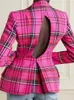 Damesjassen VGH Vintage geruite colorblock-blazers voor dames Gekerfde kraag Lange mouwen Hol Hoge taille Afslankende jassen Dames 231031