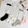 Women Socks JK Lolita Girls Knee Stockings Summer Ultra-thin Transparent Loose Long Solid Color Black White Gray