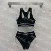 Women Sport Vest Swimwear Letter Print Pad Bikinis Quick Dry High Waist Split Swimsuit Outdoor Beach Swimming Biquinis