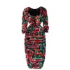 Basic casual jurken zomer vintage vierkante kraag elegante jurk hoge taille geplooide taille luipaard rozenprint halflange wikkeljurk herfst 231101