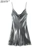 Grundläggande avslappnade klänningar Zevity 2023 Summer Women Shinning Metallic Color Sling Mini Dress Female Chic Pleat Design Slim Party Vestidos DS5000 231031