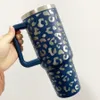 40 Oz Tumbler with Handle Leopard Print Car Mug with Straw Outdoor Sports Travel Cup Stainless Steel Thermos Customizable Gifts Vacuum Flasks Bottle