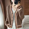 Women's Knits V-Neck Small Fragrant Knitted Cardigan Women's Autumn And Winter Loose Outwear Thousand Bird Grid Long Sleeve Sweater