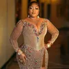 Plus Size Aso Ebi Prom Dresses Gold Long Sleeves Side Split Tulle Beaded Colorful hinestone African Nigeria Glitter Sexy Evening Dress Second Reception Gowns