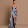 Blue Mermaid Evening Formal Dress V-neck Pleats Backless Side Slit Satin Cocktail Party Gown Prom Dresses 2024 Robe De Soiree Vestidos De Fieast