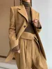 Winter Woolen Women Cloth Suits Custom Made Lady Fashion Long Sleeve V Neck Oversized Blazer Wide Leg High Waist Pants 2 Pieces