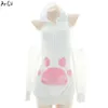 Ani Kawaii Girl Cute Pink Cat Paw Hooded Pamas Sleepwear Costume Winter Women Backless Hoodie Home Apparel Cosplay cosplay