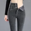 Jeans da donna invernali a vita alta slim fit fodera in lana elastica pantaloni attillati in velluto spesso matita di jeans casual