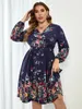 Plus size vestidos elegante vestido longo manga floral com decote em v para feminino 3xl 4xl 5xl 6xl