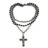 Fashion Bohemian Tribal Jewelry 3 Layer Multiple Black Glass Crystal Rosary Link Chain Cross Pendant Necklaces Fashion JewelryNecklace black necklace multi layer