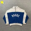 Vintage Streetwear Yarım Zipper Sweatshirts Erkek Kadınlar En Kalite Büyük Boy Yama Nakış Tulucu Mavi Kırmızı