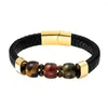 Strand Natural Tiger Eye Stone Chakra Charm rostfritt stål Herrar äkta läderarmlar armband grossist