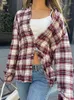 Damen-T-Shirts, Vintage-Stil, rot, kariert, Knopf-Langarmshirt, Herbst, Baumwolle, Umlegekragen, lässige Bluse, Tops, Damen, Streetwear, lockere T-Shirts