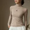 T-shirts pour femmes chemise à col roulé côtelé femmes automne coton tricot coupe ajustée sur manches longues classique rayé thermique haut