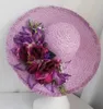 Vrouw Strawtas Ronde Handgreep Rattan Tassen Purple Handmade Flowers Zomertakken geweven strandmeisjes Travel Handtassen met hoed 230401