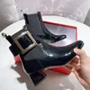 Mode Ankelstövlar Kvinnor Rangers Boot Italy Populära Low Bootes Crystal Accessory Buckle Platform Patent Leather Designer Cycling Grov Hälen Kort Bootie EU 35-41