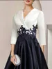 Elegant Hi-Lo Satin Lace Mother of the Bride Dresses With Pockets A-Line 3/4 Sleeve Pleated Asymmetrical Length Mom of The Groom Dress Godmother Dress for Women