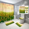 Duş Perdeleri Yağlı Boya Ayçiçeği Duş Perdesi Setleri PCS Doğa Çiçekleri Slip Olmayan Banyo Mat Su Geçirmez Duş Duş Setleri R231101