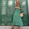 Abiti casual Donna Bohemian Stampa floreale geometrica Abito lungo Manica a sbuffo Donna Primavera Estate Abiti Boho larghi