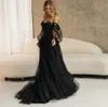 Sexy Black Tulle Prom Evening Dress 2024 A Line Off The Shoulder Long Puffy Sleeves Lace Up Back Formal Cocktail Party Gowns Vestido De Fiesta