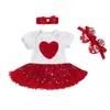 Ensembles de vêtements bébé filles vêtements trois pièces coeur imprimé à manches courtes paillettes tulle robe style barboteuse bandeau chaussures Saint Valentin tenue