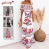 Zomer Print Vintage Lange Jurken Voor Vrouwen Sexy Off-Shoulder Ruche Mode Boho Party Maxi Jurk Dames Strand Zonnejurk 2203302621