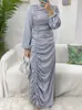 Etniska kläder muslimska mode ramadan långärmad satin wrap maxi klänning kvinnor dubai abaya full längd veckade kläder islamisk eid