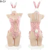 Ani Bunny Girl Pink Leopard ett stycke Swimstuit Unifrom Women Maid Hollow Bodysuit Pamas Outfits Costumes Cosplay
