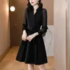 Casual Dresses Spring Autumn Solid Color Simple Soe Up Dress Lads Long Sleeve Elegant Fashion V-Neck Vestidos Female Temperament Black