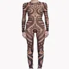 Summer Women VintageTribal Tattoo Print Mesh Jumpsuit Curvy African Runway Sheer Bodysuit Celebrity Jumpsuit Catsuit325m