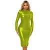 Casual Dresses Women Long Sleeve Bodycon Pencil Dress Vinyl Metallic Stretchy Knee-length Slim Sexy Crew Neck Patent Leather Tight