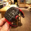 Wristwatches Men Automatic Mechanical Canvas Red Leather Skull 3D Scrub WATCH