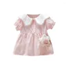 Vestidos de menina bonito criança bebê vestido de verão gola virada para baixo borda de renda manga curta estampa floral vestidos bolsa crianças princesa