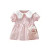 Mädchen Kleider Nettes Kind Baby Sommer Kleid Drehen Unten Kragen Spitze Rand Kurzarm Blumen Druck Vestidos Tasche Kinder Prinzessin