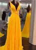 Charming Yellow Chiffon A Line Evening Dresses Arabic Aso Ebi Deep V Neck Simple Formal Party Gowns Sweep Train Sexy Open Back Second Reception Prom Dress CL2862