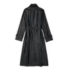 Vestes en simili cuir pour femmes, revers noir, Double boutonnage avec ceinture, Trench-Coat Long, vêtements d'extérieur de tempérament