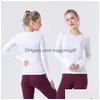 T-shirt da yoga da donna vestibilità ampia palestra elasticizzata manica lunga crop top fitness sport t-shirt da allenamento camicette consegna drop Dhxtp