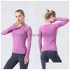 T-shirt da yoga da donna vestibilità ampia palestra elasticizzata manica lunga crop top fitness sport t-shirt da allenamento camicette consegna drop Dhxtp