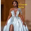 One Shoulder Satin A Line Wedding Dresses With Sweep Train Beading Spets Side High Slit Sexig Vestidos de Novia African Long Sleeve Brudklänningar för Bride 328 328