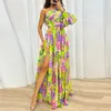 Vestidos casuales Boho estampado floral vestido de fiesta mujeres vestido elegante moda un hombro vacaciones hada sexy delgado plisado a-line maxi