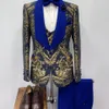 Herrenanzüge Blazer Blauer Jacquard Herrenanzüge Slim Fit 3-teiliges Jacke-Weste-Hosen-Set Hochzeit Bräutigam Smoking Formeller Business-Mann-Blazer Kostüm Homme 231101