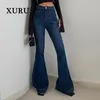 Damesjeans XURU Europese en Amerikaanse hoge taille elastische strakke slijtage blauwe vloer flare broek lang K5 6805 231101