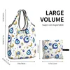 Sacos de compras Mediterrâneo Azul e Ouro Evil Eye Mulheres Portátil Grande Capacidade Mercearia Hamsa Nazar Amuleto Boho Shopper Tote